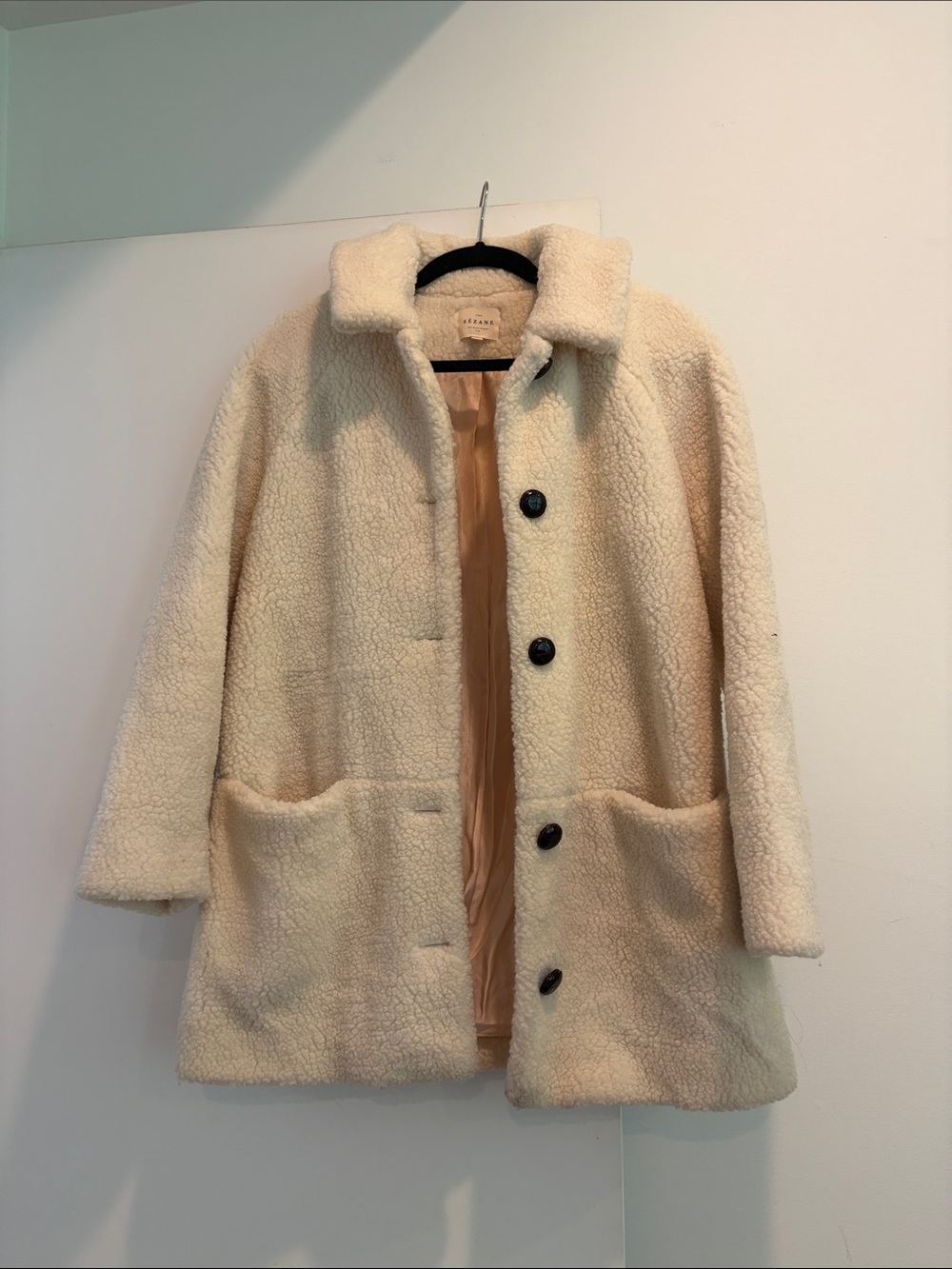 Sezane Cream Sherpa Button-Up Coat
